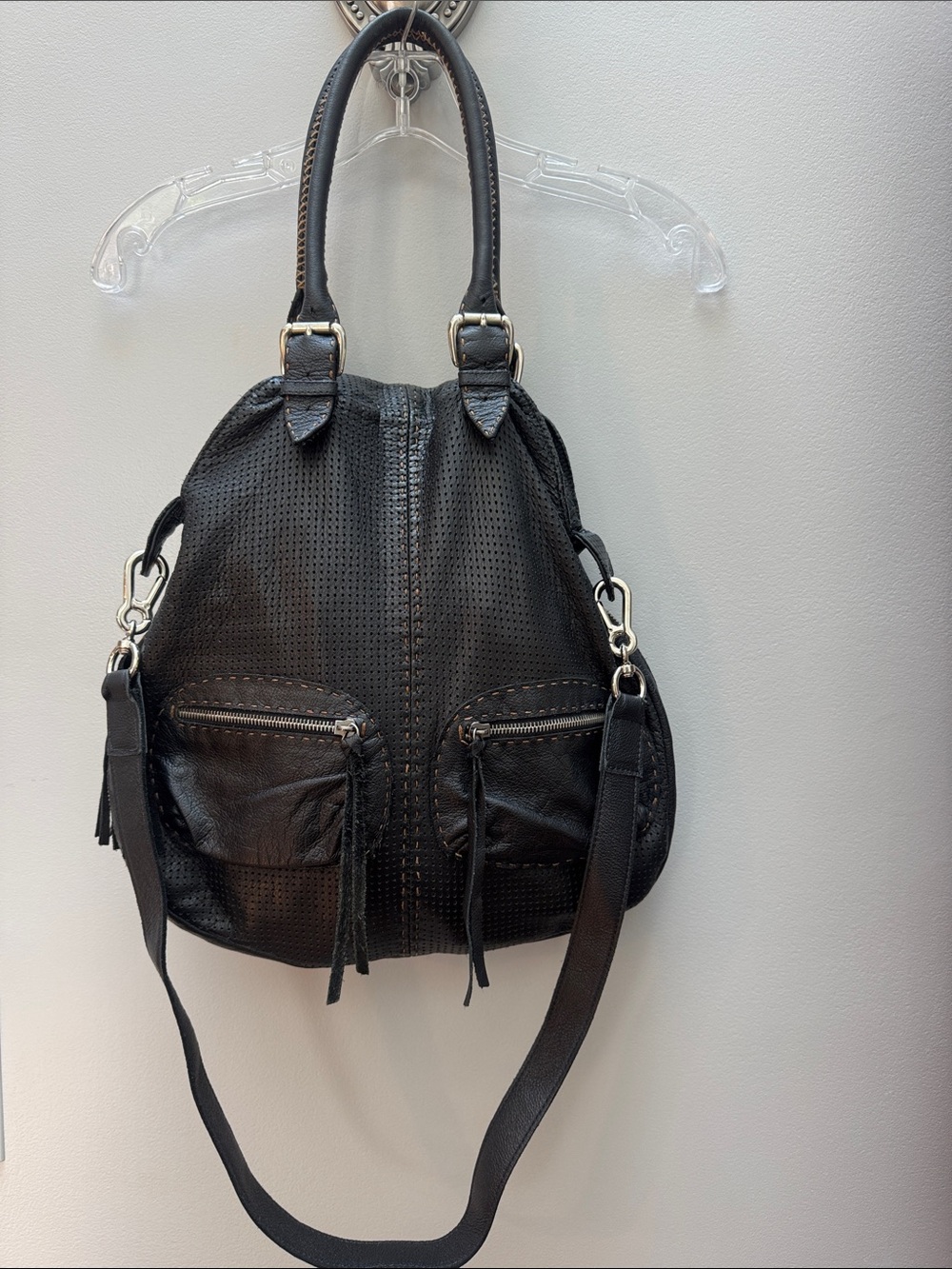 Vintage Carla Mancini Perforated Black Leather Shoulder Bag or Crossbody